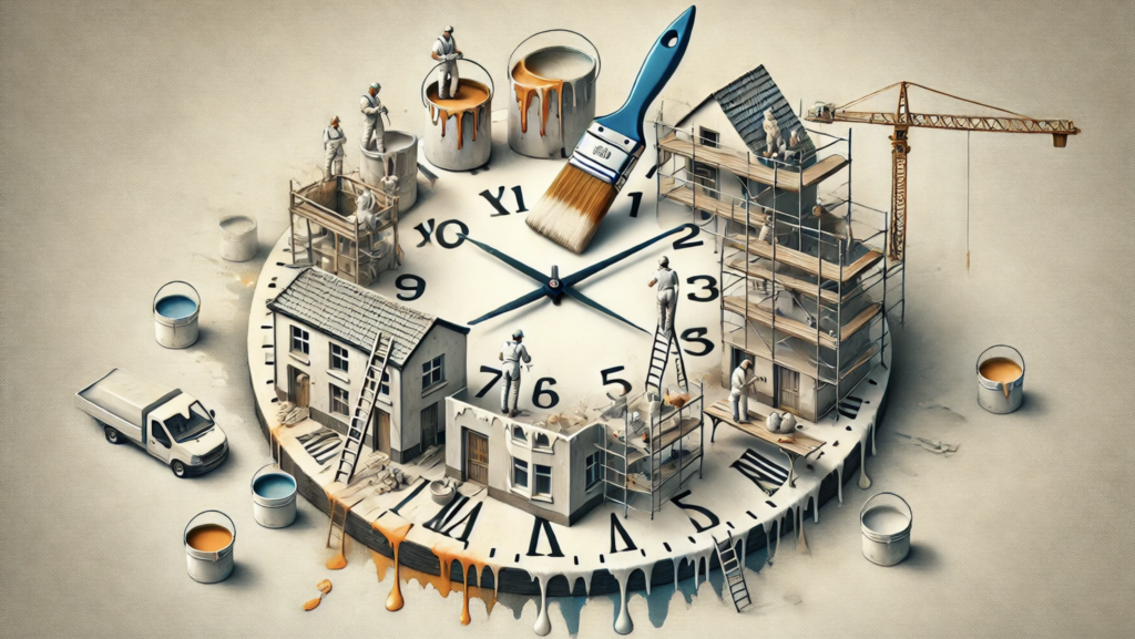 A creative illustration of a clock symbolizing the growth of a painting business, emphasizing the painting craft. The clock face features paintbrushes as clock hands, with segments painted in different colors to represent stages of growth. At 12 o'clock, a painter works on a small house; at 3 o'clock, a team paints mid-sized residential buildings; at 6 o'clock, painters use scaffolding for larger structures; and at 9 o'clock, teams with advanced tools paint a high-rise building. The design incorporates realistic paint textures and muted tones, highlighting the focus on painting and time progression.