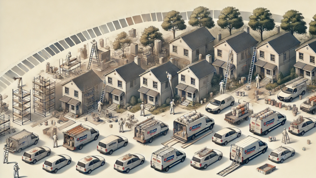 A timelapse-style illustration depicting the growth of a painting business. From left to right: a single painter with a small van and basic tools works on a modest house. In the center, the business expands with multiple painters, several branded vans, and a small office managing larger residential projects. On the right, the business is fully scaled with a large warehouse, a fleet of vehicles, and teams painting a high-rise building. The scene uses muted tones and realistic details to emphasize the progression and passage of time.