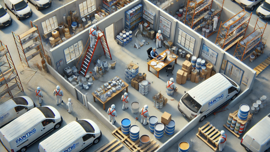 An overhead view of a painting business scaling operations. Workers are seen in a warehouse organizing supplies like paint cans and ladders. A manager is seated in a corner office, reviewing charts and plans. Outside, company vans are being loaded, and a team of painters prepares to depart. A nearby building with scaffolding highlights an ongoing painting project. The muted color palette underscores a professional and focused atmosphere.