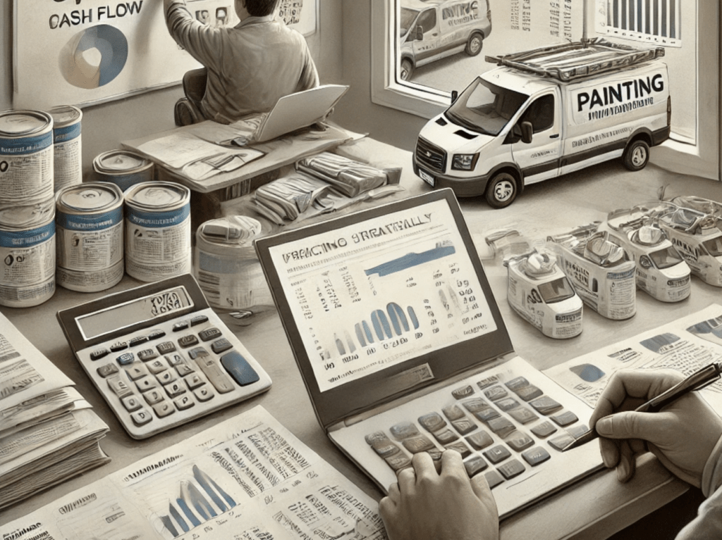 A realistic illustration depicting strategic financial management and pricing in a painting business. A manager sits in a small office surrounded by financial documents, a calculator, and a laptop displaying charts and cash flow data. The expression is focused and professional, emphasizing careful planning. Outside the office window, branded company vans are being loaded with materials, and painters are preparing for jobs, symbolizing active operations. The muted color palette creates a serious and strategic atmosphere