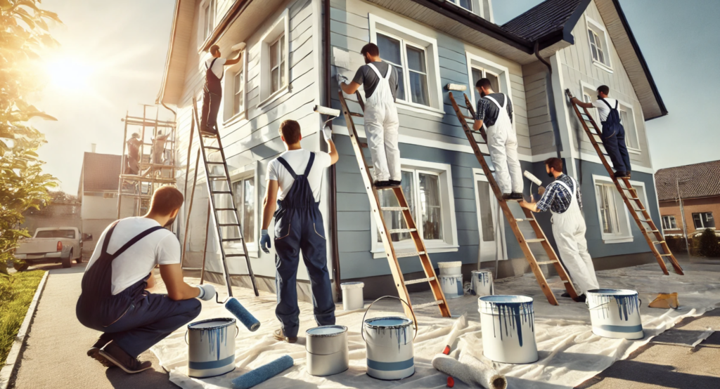 A professional house painting crew is working on the exterior of a two-story house with modern white siding and gray accents. Workers in protective overalls, gloves, and safety goggles are using tools like paint rollers and brushes. Some are on ladders reaching the upper walls, while others paint the lower sections at ground level. The area is well-organized, with paint cans and drop cloths neatly placed around the worksite. The scene is brightly lit by sunlight, showcasing the team's focus and precision."