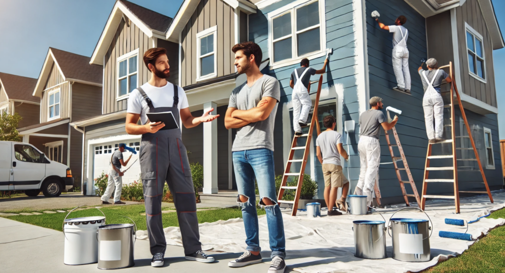 A professional house painting crew is working on the exterior siding of a modern two-story house. One crew member is Increasing painting business profit by speaking to a casually dressed neighbor, gesturing towards the freshly painted house and holding a brochure. The neighbor appears interested, engaging in conversation. In the background, other workers continue painting using ladders and tools, with paint cans and drop cloths neatly arranged around the yard. The scene is sunny and cheerful, showcasing a friendly interaction and the high-quality workmanship of the crew.