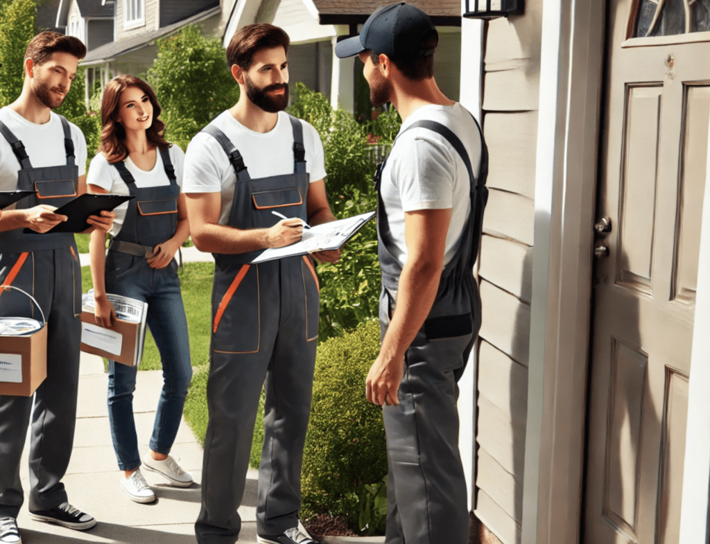 Professional painters dressed in branded overalls and caps are marketing their services in a suburban neighborhood. One painter is standing at a doorstep talking to a homeowner, holding a clipboard and showing documents. Another painter walks toward the next house, also carrying a clipboard. The neighborhood features clean, well-maintained homes with green lawns and trees under bright sunlight. The painters appear organized, approachable, and professional as they engage with potential clients