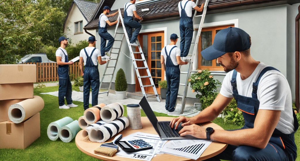 Professional painters increasing painting business profit, dressed in branded overalls and caps, are actively working on the exterior of a suburban house, using ladders, rollers, and brushes. Off to the side in the yard, the homeowner is seated at a small table, focused on calculating costs with a calculator, notepad, and a stack of receipts. The house is clean and well-maintained, with green lawns and trees in the background. The sunny and organized scene emphasizes teamwork and professionalism in a residential setting.