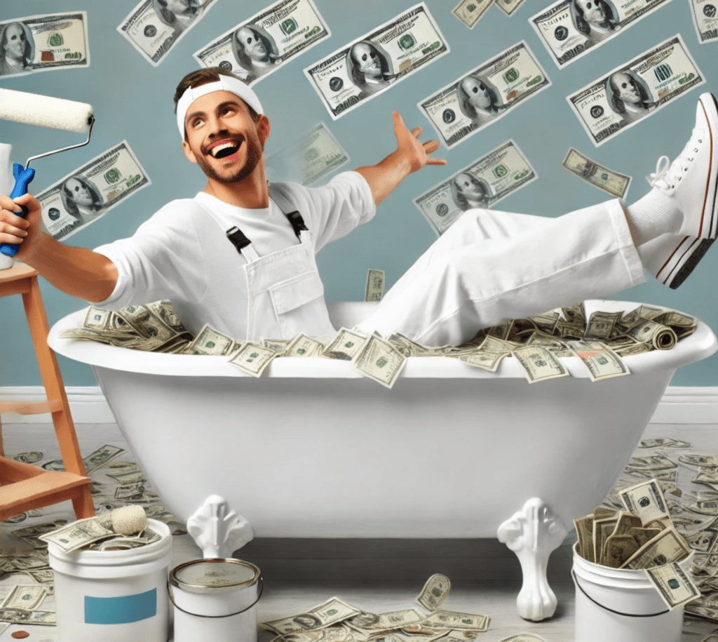 A playful scene showing a professional painter dressed in white painter pants and a white shirt, happily swimming in a bathtub overflowing with cash bills and coins. The painter has a cheerful and triumphant expression, surrounded by money spilling over the edges of the tub. Nearby, paintbrushes, rollers, and paint cans are arranged, symbolizing the source of their financial success. The setting is bright and celebratory, focusing on the theme of Increasing painting business profit.