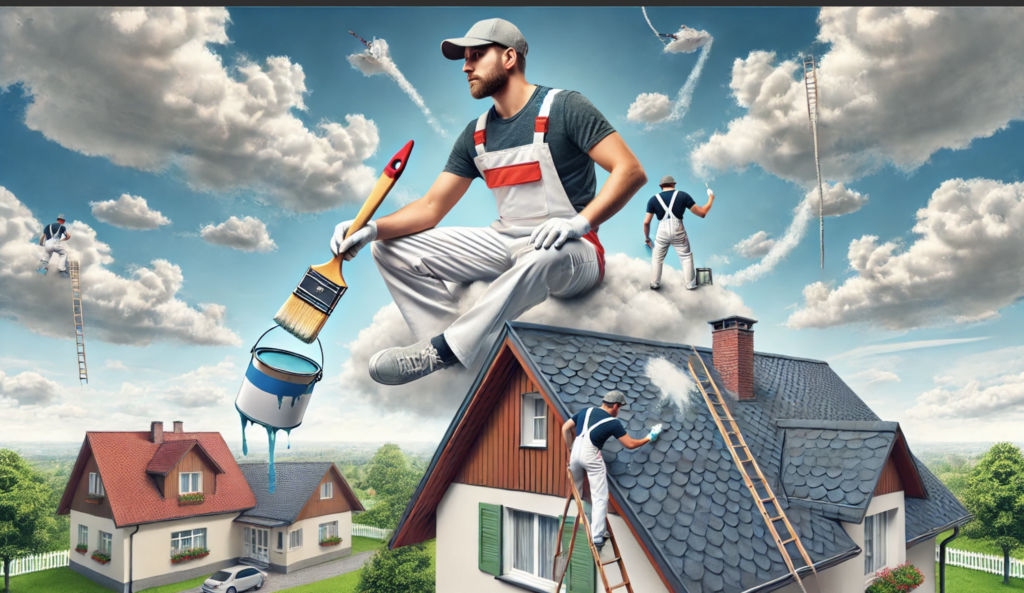 A surreal scene featuring a professional painter after increasing painting business profit floating in the sky, dressed in branded overalls, holding a paintbrush and a can of paint as they paint colorful clouds. Below, another painter works on the roof of a suburban house, carefully painting its shingles. The house is surrounded by well-kept lawns and trees in a sunny neighborhood, blending whimsical and realistic elements to showcase both imaginative and practical painting work.