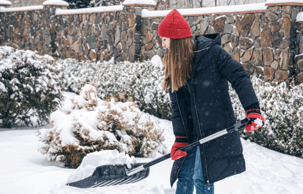 landscaper shovelling snow in the winter 