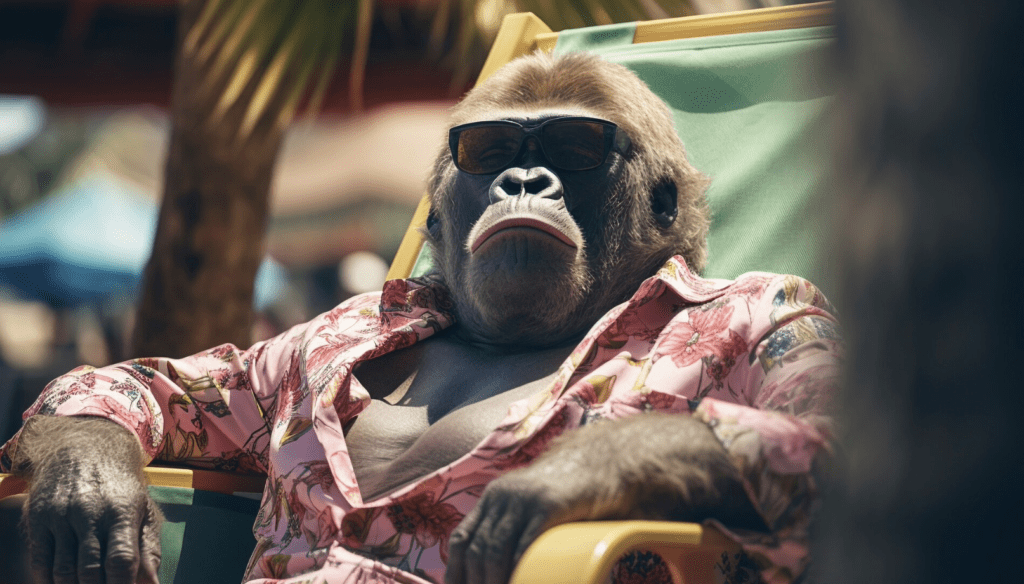 Guerrilla marketing represented by a gorilla on the beach.