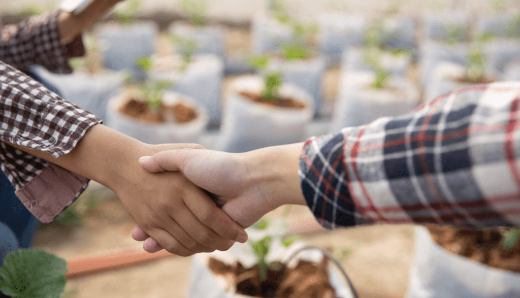 landscaper shaking hands with local business owner to network