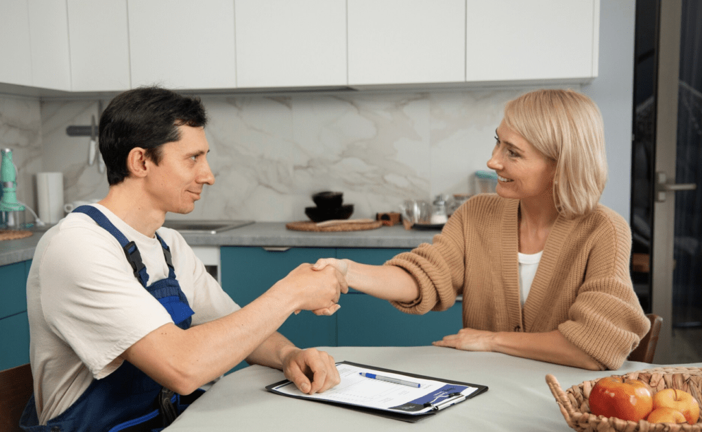 Painter shaking hands with client after learning base coat marketing tactics 