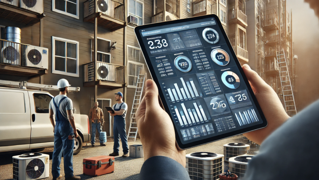 HVAC business consultant showing the numbers on an iPad of the revenue growth