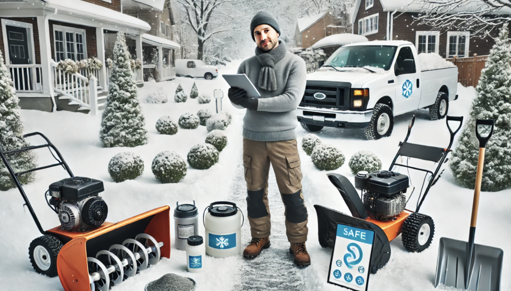 winter landscaping marketing proposal in the snow with all the tools 