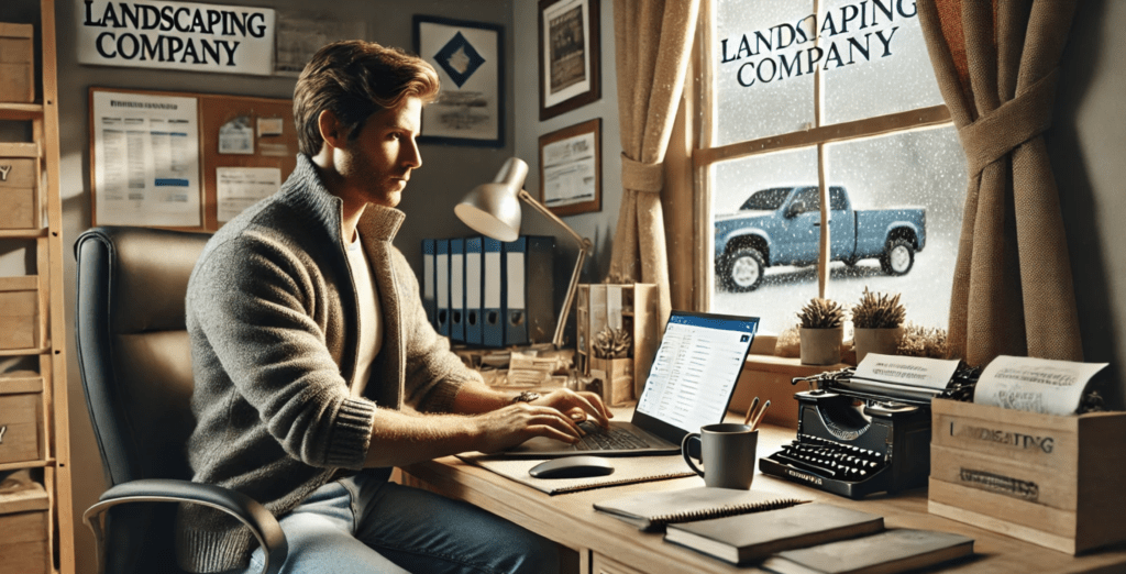 landscaper using laptop to enhance his online presence to get leads in winter