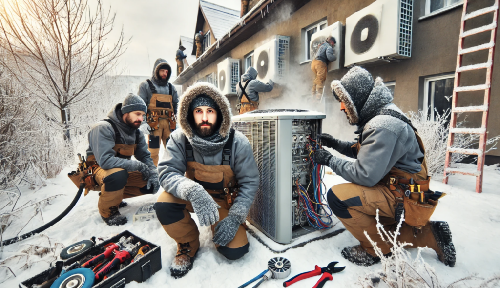 Hvac crew working in the winter and snow 