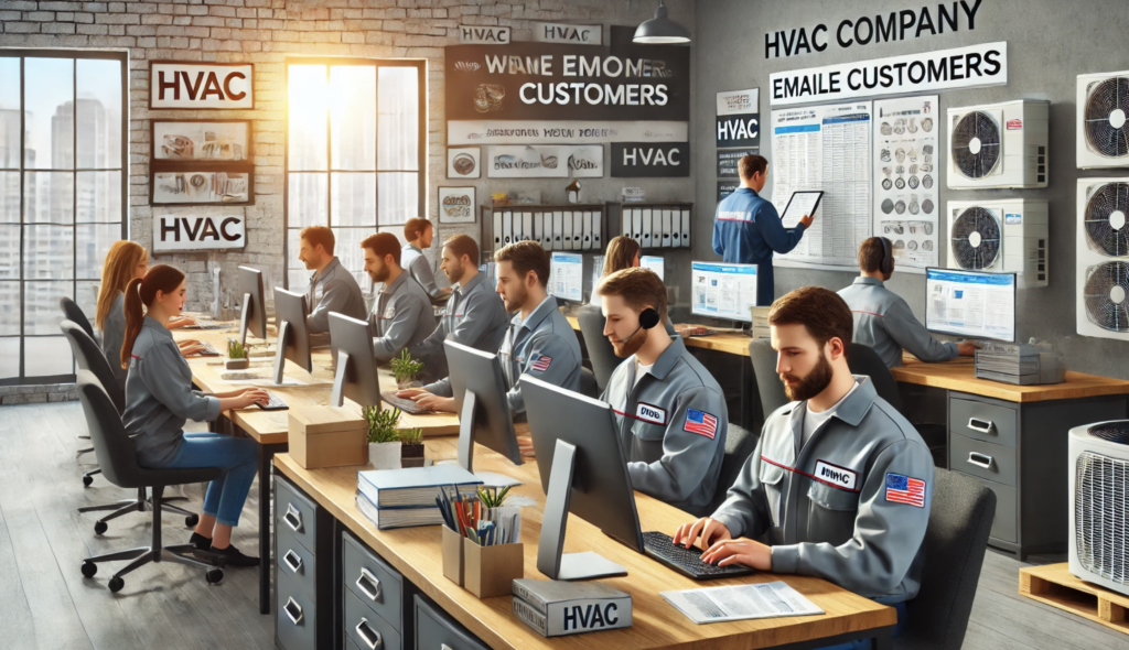 hvac team completing email marketing campaign at office 