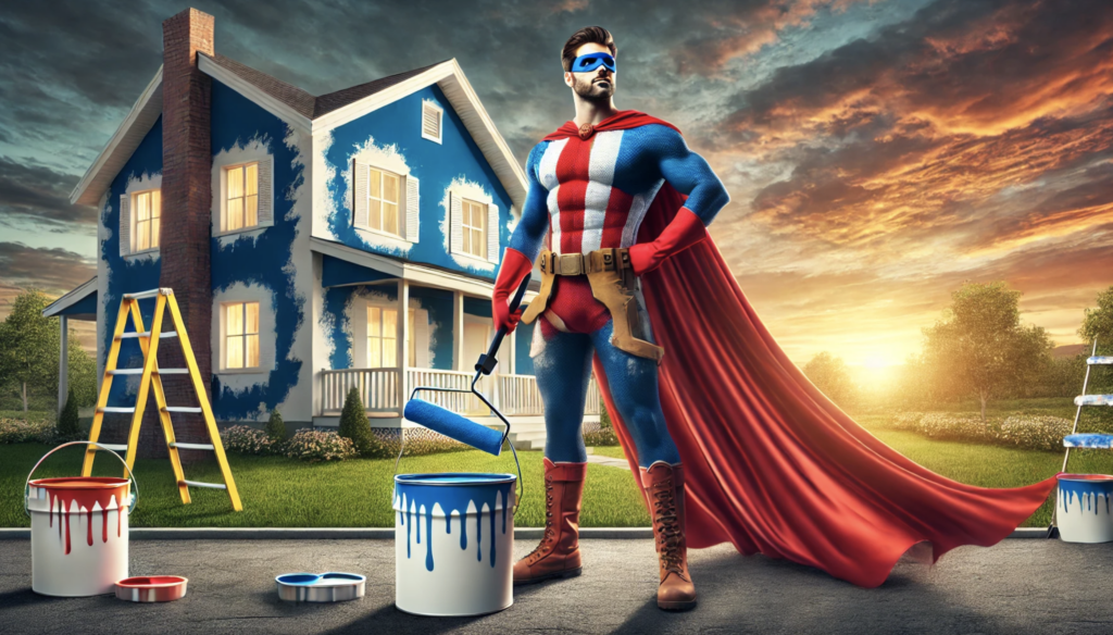 an image of what happens when you consider our house painting business training. you become a superhero painter person, majestically power posing in a landscape sunset shot with a partially painted house behind. 