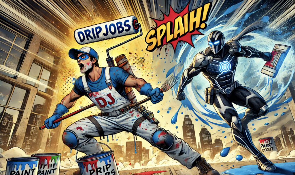 The scene depicts a dramatic comic-style battle between two painter superheroes in a dynamic cityscape. On the left, DripJobs (DJ), labeled clearly in bold text floating above, appears distressed in outdated, messy painter attire, holding a cracked paint roller shield. On the right, PaintScout (PS), labeled both in bold text floating above and on their chest, stands dominant in sleek, modern gear, wielding a glowing paintbrush weapon with confidence. The cityscape background features dramatic lighting and swirling paint effects, adding energy to the scene. Comic-style text bursts like "SMASH!" and "SPLAT!" emphasize the intensity of the battle.