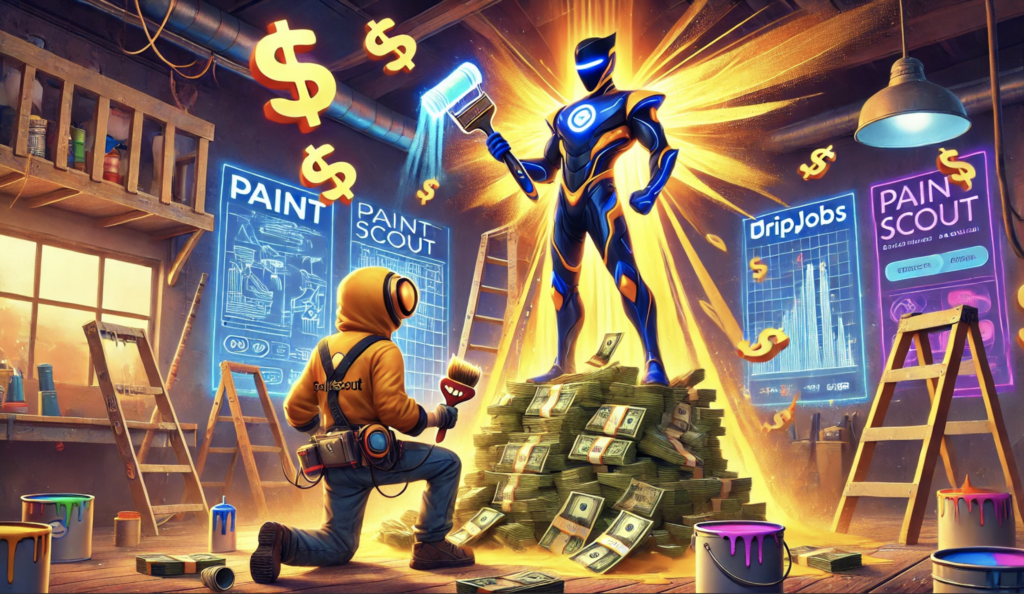 The scene takes place in a futuristic painter's workshop, highlighting PaintScout's superiority and greater value through dynamic visuals and monetary symbolism. 