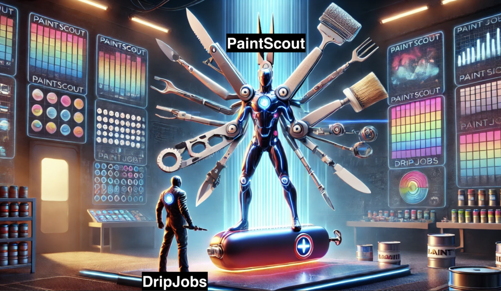 Here is a fresh scene highlighting PaintScout as a versatile and multifunctional superhero, wielding a Swiss army knife-like tool, compared to DripJobs, portrayed as a one-trick pony with a single, limited paint roller. The visual emphasizes PaintScout's superior utility and capability. Let me know if you’d like further refinements or additional details!