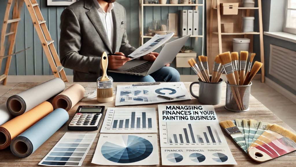 A well-lit office with a painting business owner reviewing a large financial report. The workspace includes paint tools and a laptop displaying financial data. The phrase "Managing Finances in Your Painting Business" is subtly included on a bar graph displayed on the screen.