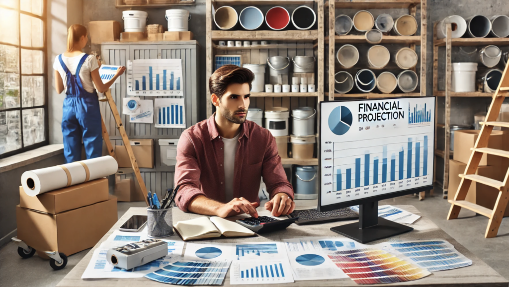 A focused business owner calculating financial projections using a notebook and calculator, with colorful supplies and documents surrounding them in a professional office.