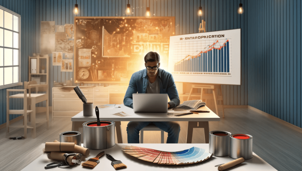 An owner working at a desk, with a laptop open and surrounded by tools. A whiteboard in the background shows detailed graphs. The atmosphere is warm and professional.