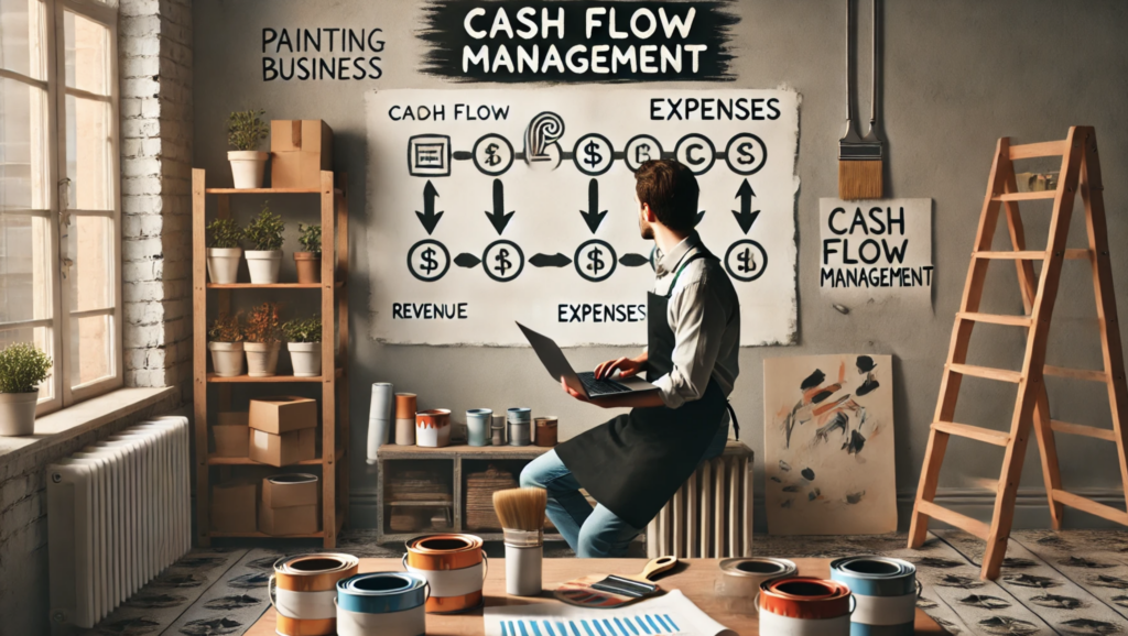 A painting business owner in a cozy office space, reviewing a detailed budget spreadsheet on a laptop. A whiteboard labeled "Cash Flow Management" with arrows indicating revenue and expenses is visible behind them. Paint supplies are stacked nearby, symbolizing sustainable growth through budgeting.