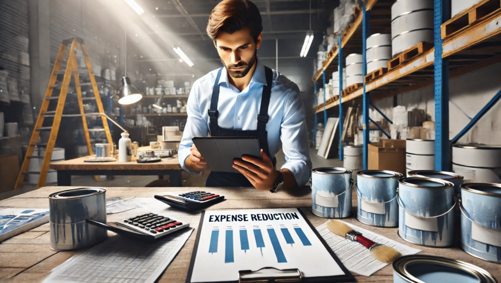 A painting business owner in a workshop, analyzing a digital tablet displaying a chart titled "Expense Reduction." The workspace features neatly arranged paint cans and a checklist on the table, representing operational efficiency in financial management.