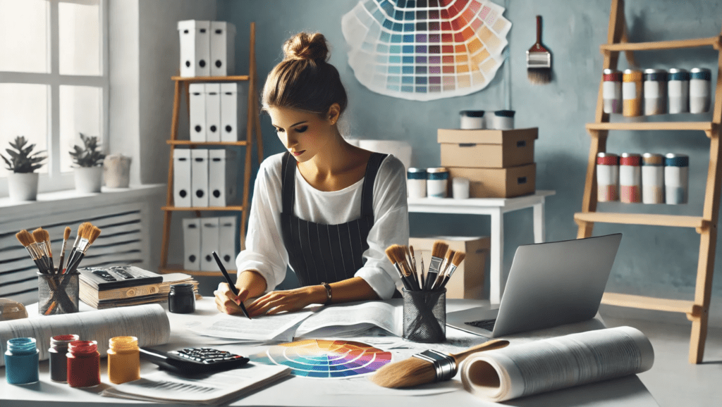 A female painting business owner seated at a desk in a bright office, reviewing tax documents and legal books. A laptop displays a tax planning software interface. Paint supplies and color swatches in the background connect the scene to her business, representing tax planning and legal considerations.