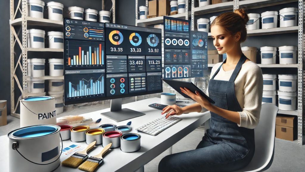 A female painting business owner in a modern office, using a tablet with financial software tools. A monitor shows colorful graphs and data dashboards, while organized paint supplies on shelves tie the scene to her painting business, emphasizing efficient use of technology.
