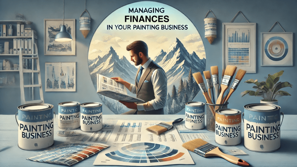 A painting business owner in a bright, modern office, examining a detailed financial guidebook alongside charts on a desk. Paint cans and brushes are nearby, merging the creative and financial aspects of their work. The phrase "Managing Finances in Your Painting Business" appears subtly in the background.