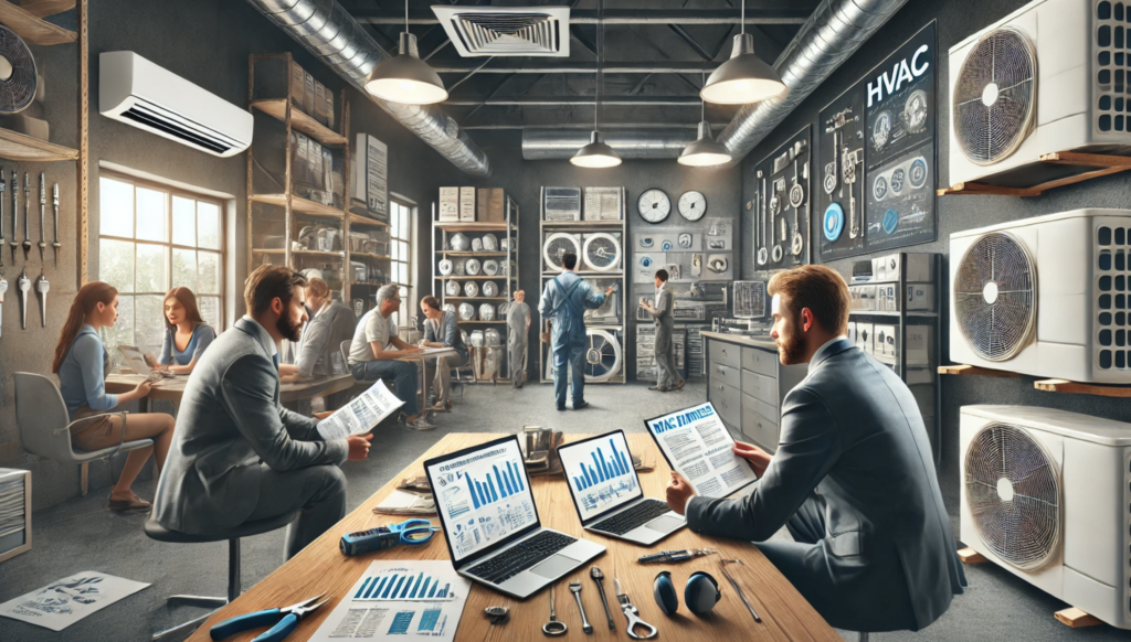 A busy HVAC showroom with a business owner presenting options to a client using a tablet. Multiple HVAC systems are displayed, and the background features other customers and employees engaged in conversations, highlighting a competitive environment.