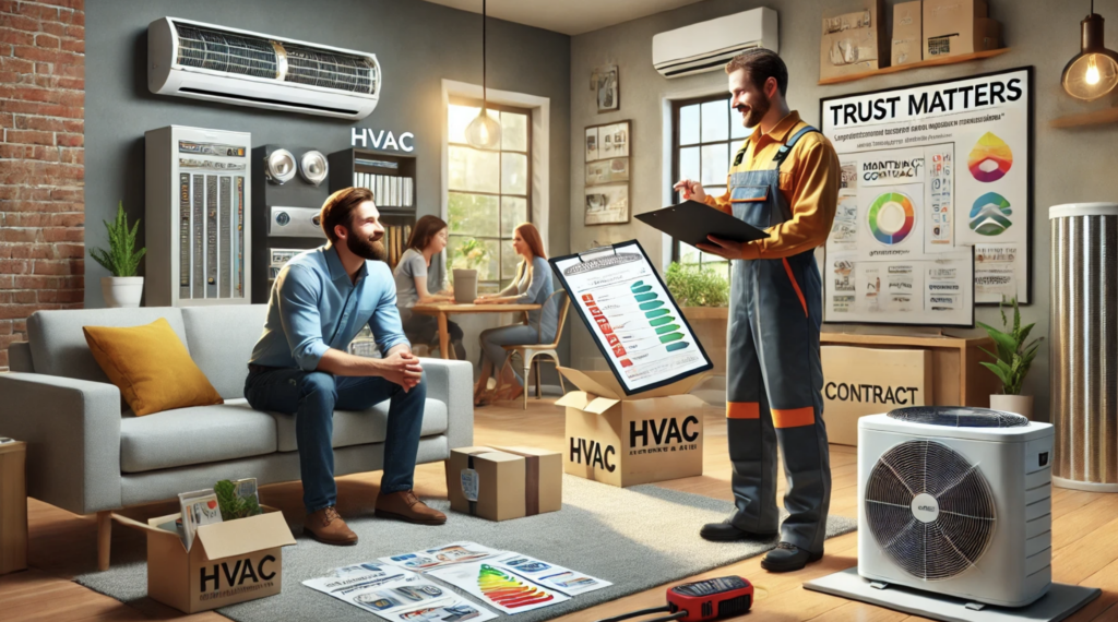 A professional HVAC showroom where a business owner demonstrates advanced HVAC systems to a customer. The customer appears attentive, and the environment is clean, with neatly displayed HVAC equipment in the background.