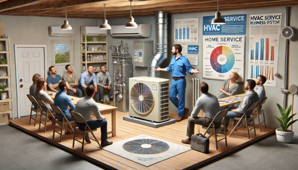 A wider view of an HVAC business owner demonstrating their HVAC upselling techniques with an upgraded HVAC system to a customer in a utility room. The scene includes more of the room, showing additional tools and equipment, while maintaining a professional and clean environment