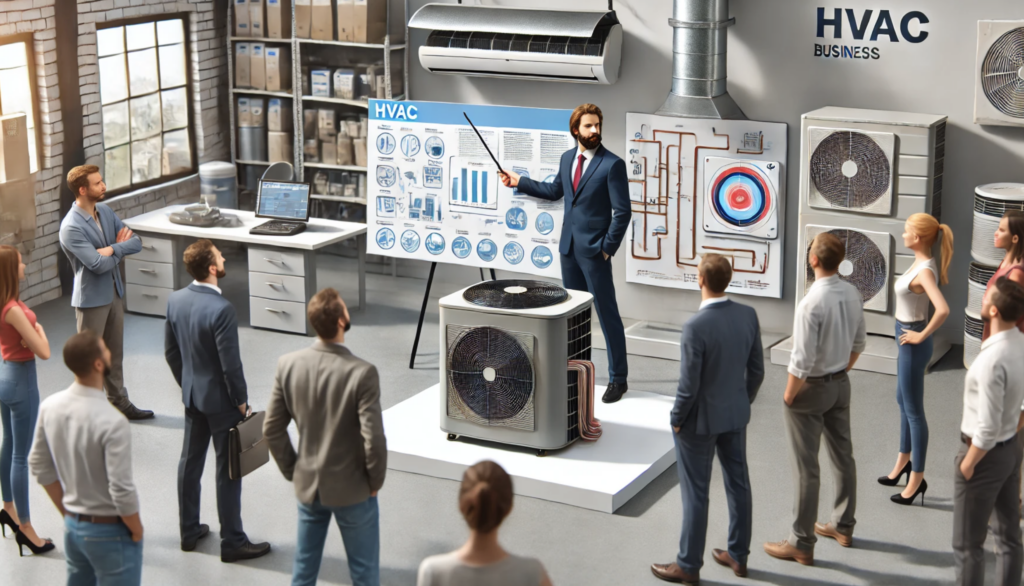 An HVAC business owner conducting a demonstration in a professional showroom. The owner uses a model HVAC system and points to visual aids on a stand while customers gather around attentively. The space is clean and well-organized, featuring various HVAC units and tools