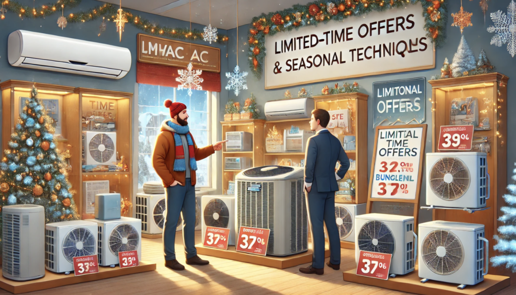 An HVAC business owner presenting limited-time offers and seasonal promotions to a customer in a winter-themed showroom. The scene includes organized HVAC unit displays, subtle seasonal decor, and promotional visuals without text, creating a warm and inviting atmosphere that emphasizes urgency.