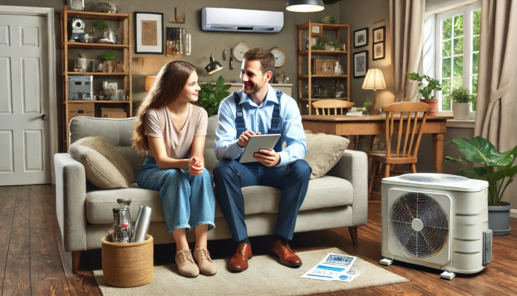 A business owner using his HVAC upselling techniques in a cozy residential living room following up with a customer after service. The owner shows upgrade options on a tablet, with the customer paying close attention. The environment is inviting and professional, featuring subtle HVAC tools in the background to reinforce the context.