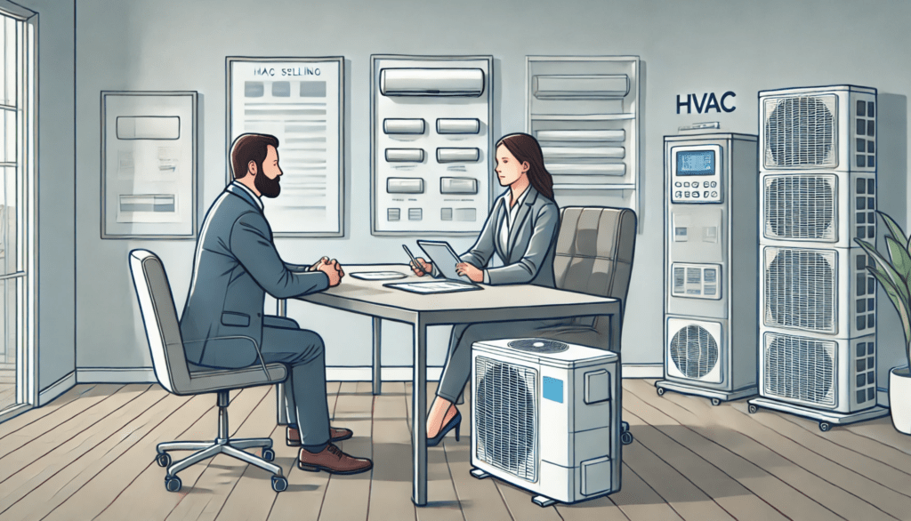  A one-on-one HVAC selling interaction in a professional showroom or office. The HVAC business owner sits across from a customer at a desk, using a tablet to explain system options. A sample HVAC unit is displayed nearby in a clean, organized environment