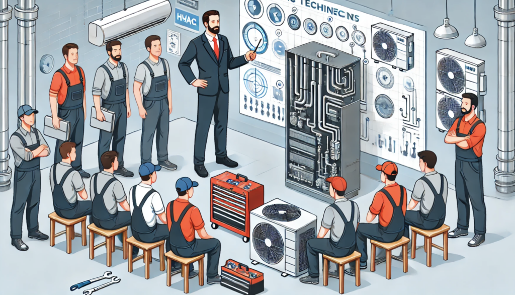 An HVAC business owner conducting a training session with technicians in a professional workshop. The group is gathered around an HVAC model as the owner demonstrates its features. The space is well-lit and organized, with tools and equipment neatly arranged, creating a clean and focused training environment.