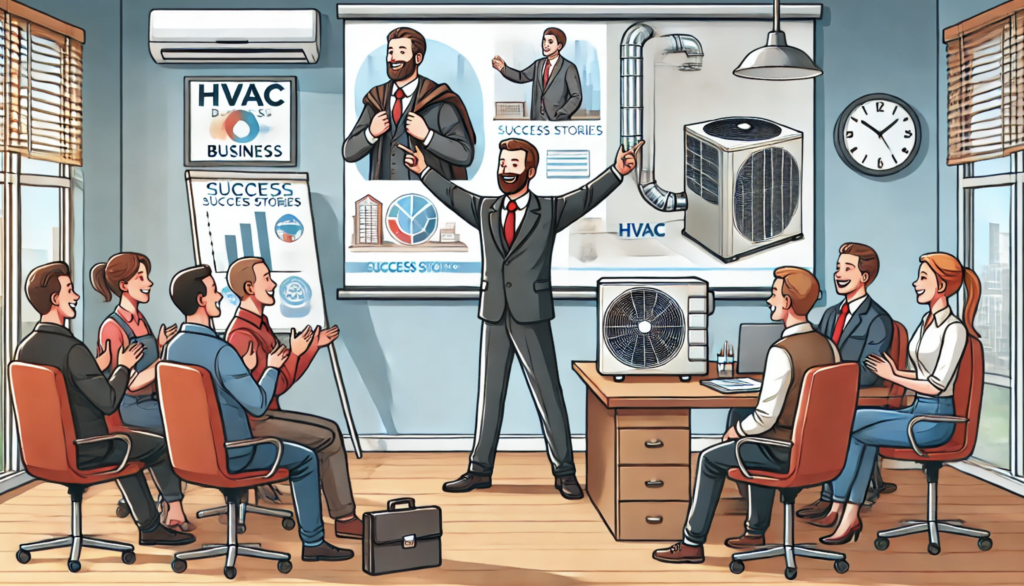 An HVAC business owner enthusiastically presenting success stories to a small, engaged team in a professional office. The owner uses visual aids on a large screen while the team listens attentively. The workspace includes a clean desk, a small HVAC model, and neatly arranged materials, creating a motivating and celebratory atmosphere