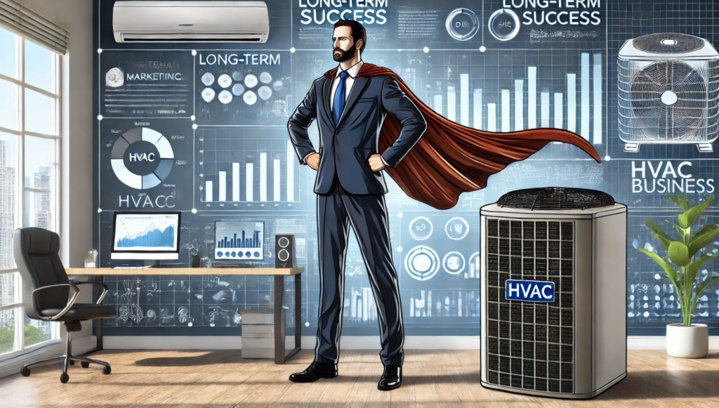 An HVAC business owner embodying long-term success using HVAC upselling techniques with a superhero theme. The owner stands confidently in a modern office, wearing professional attire enhanced with a flowing cape. The workspace features a large screen with graphs, a laptop, and a model HVAC unit, creating an atmosphere of leadership and achievement