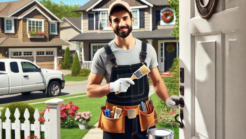 painter standing at customer door in residential neighbourhood with smile ready to paint. 