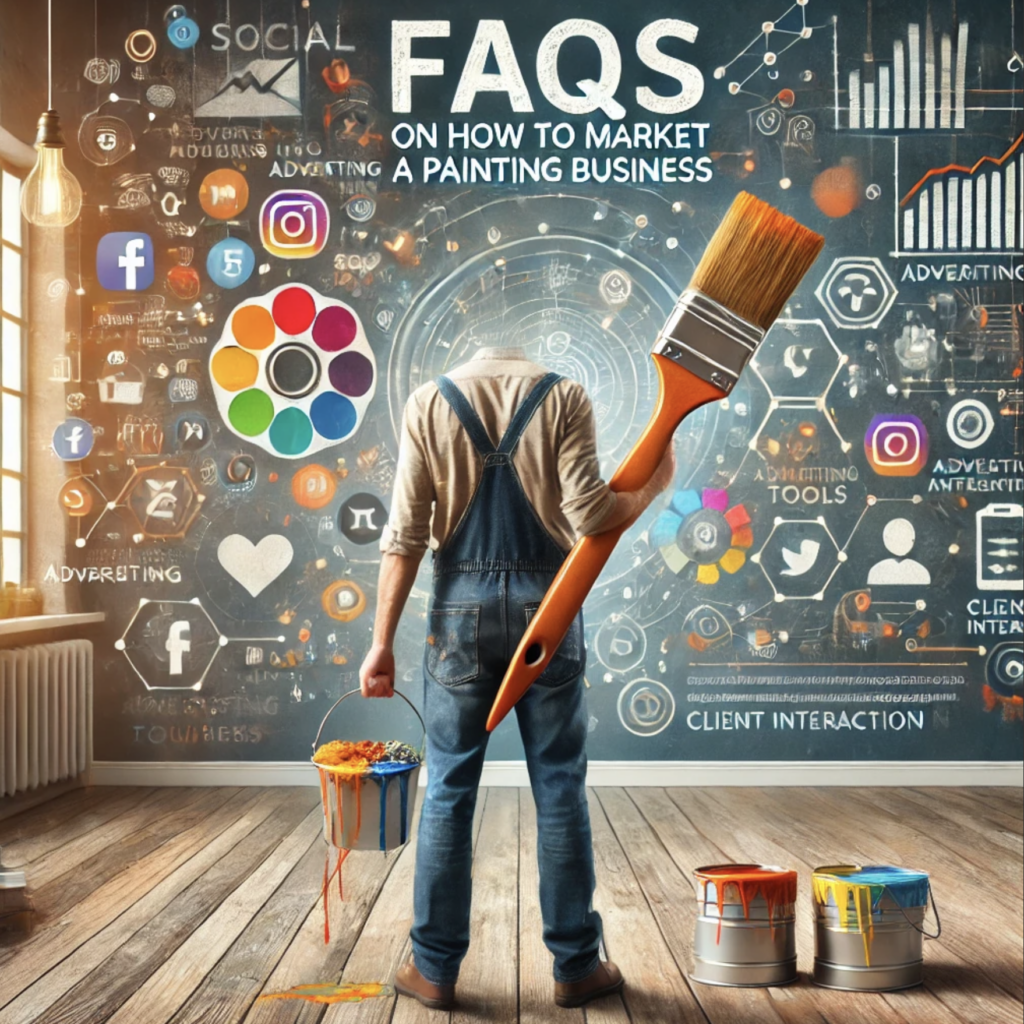 A concept image depicting "FAQs on How to Market a Painting Business." It features a painter wearing overalls and holding a brush, standing near a digital tablet displaying icons representing social media, advertising tools, and analytics. Vibrant paint splashes, marketing diagrams, and client interaction symbols surround the scene. The background blends a creative studio with elements of a digital workspace, emphasizing creativity and business strategy.