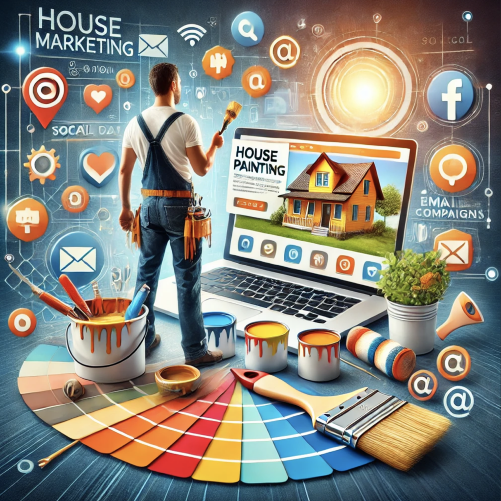 A concept image showcasing digital marketing for a house painting business. A laptop displays a house painting advertisement, surrounded by icons representing social media platforms, email campaigns, and SEO strategies. A painter in overalls holds a paintbrush, engaging with the digital tools. The design features bright color palettes, paint cans, and brushes, with a background combining a professional workspace and a residential environment to highlight the intersection of technology and house painting services.