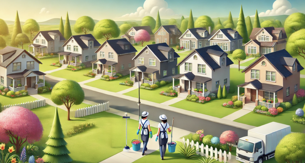 A serene suburban neighborhood with well-maintained residential houses, lush greenery, and colorful gardens. Two house cleaners, dressed in cleaning uniforms, walk toward homes on a bright, sunny day.