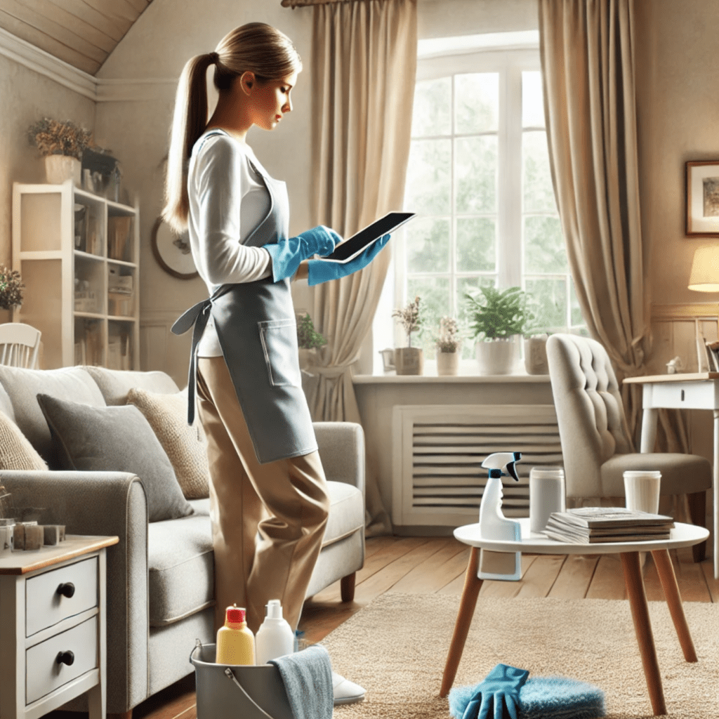 A lady house cleaner working inside a modern, cozy living room, dressed in a professional cleaning uniform. She is using a tablet device, possibly for scheduling or inventory, while cleaning supplies are neatly arranged nearby. The room features a soft rug, a comfortable sofa, indoor plants, and large windows letting in natural light, creating a warm and inviting ambiance