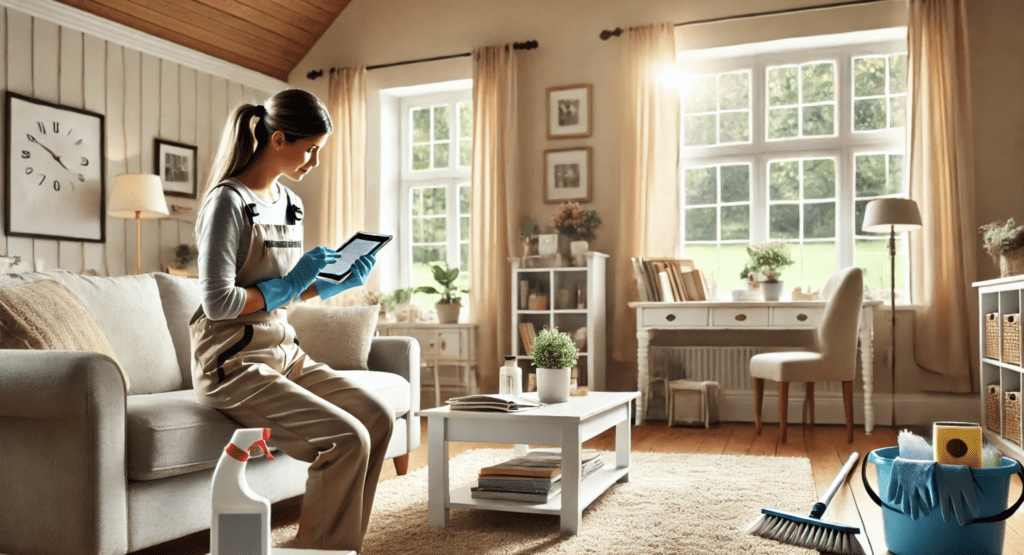 A lady house cleaner inside a cozy residential living room, dressed in a professional cleaning uniform, using a tablet device to review customer testimonials and ratings. The room is warmly decorated with a comfortable sofa, a soft rug, indoor plants, and large windows letting in natural light. Cleaning supplies are neatly placed nearby, creating a professional and organized atmosphere.