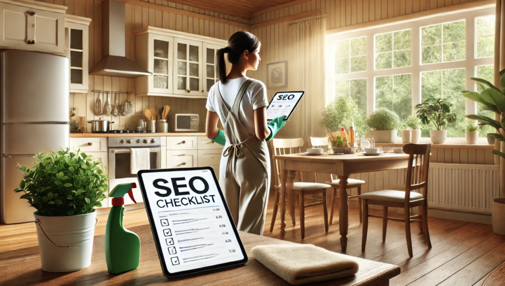 A lady house cleaner in a natural and practical home environment, wearing a professional cleaning uniform and using a tablet displaying an SEO checklist. She stands near a kitchen counter in a tidy kitchen with modern appliances, a wooden dining table, and neatly arranged cleaning supplies. Large windows let in ample natural light, and potted plants enhance the fresh and homey atmosphere.