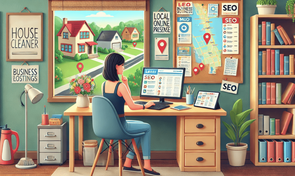 A lady house cleaner in a cozy home office, seated at a desk working on her local online presence for SEO. She is using a laptop and tablet displaying a map with local business listings. The setting includes a corkboard on the wall with pinned notes and maps, a bookshelf with cleaning supplies and marketing materials, and a window offering a view of a suburban neighborhood. The room blends functionality and warmth, reflecting a focus on building a professional digital presence.