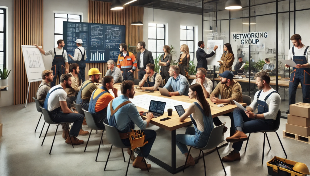 A diverse group of tradespeople in a modern conference room, seated around a large wooden table. Some participants wear work uniforms like overalls and tool belts, while others are dressed in business casual. They are engaged in discussions, reviewing blueprints, laptops, and tablets. The room features a large screen with a generic presentation, motivational posters on the walls, and a whiteboard with brainstorming notes, but no visible text or logos. Bright lighting and large windows create a collaborative and professional atmosphere.